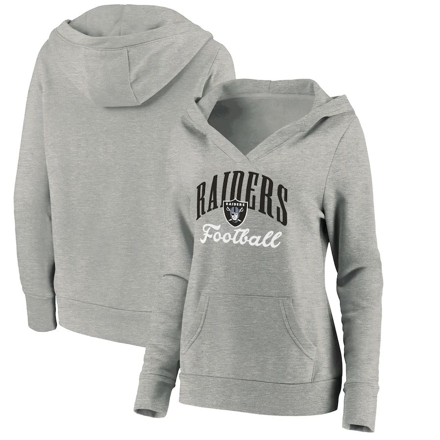 Women Oakland Raiders Fanatics Branded Heathered Gray Victory Script V-Neck Pullover Hoodie